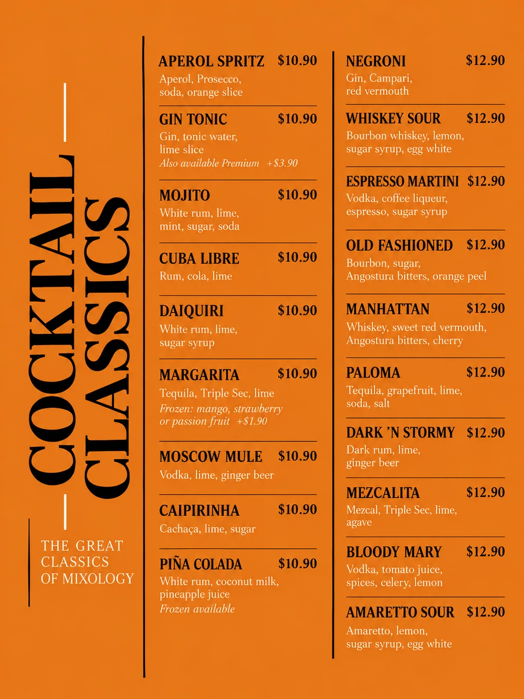 Cocktail bar: cocktail menu before Menu Revolution