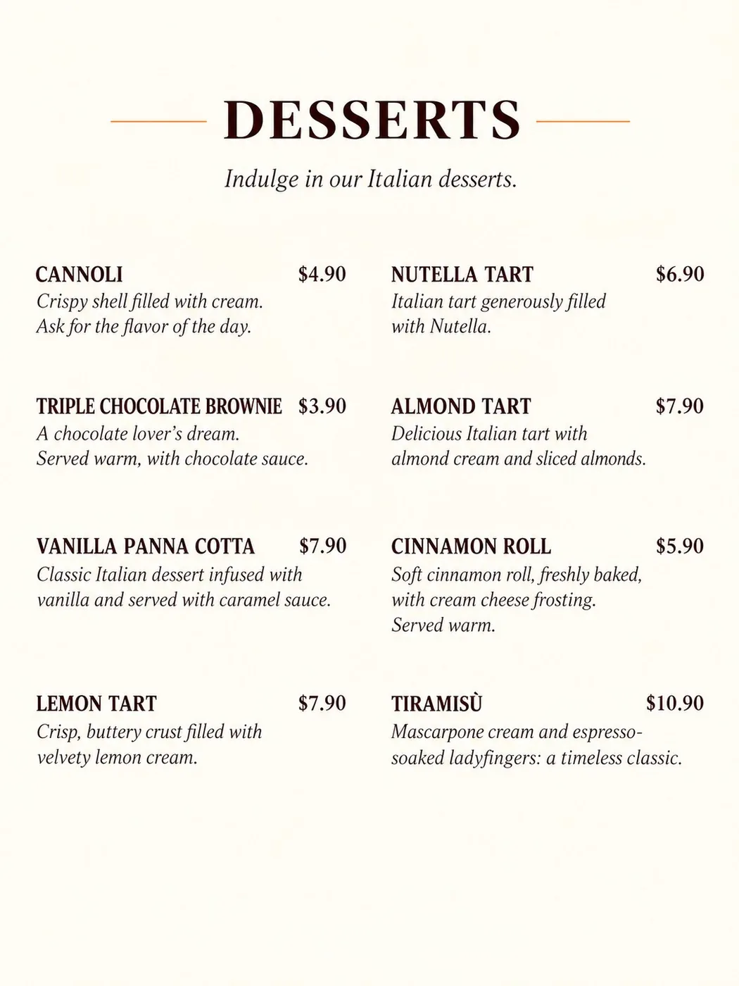 Fine-dining restaurant: dessert menu before Menu Revolution